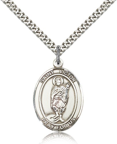 St. Victor of Marseilles Medal, Sterling Silver, Large - 24&quot; 2.4mm Rhodium Plate Chain + Clasp