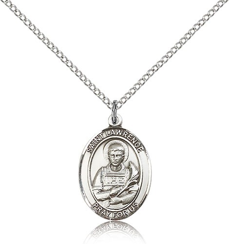 St. Lawrence Medal, Sterling Silver, Medium - 18&quot; 1.2mm Sterling Silver Chain + Clasp