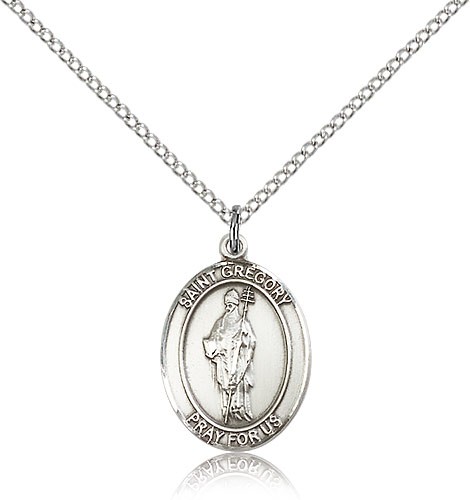 St. Gregory the Great Medal, Sterling Silver, Medium - 18&quot; 1.2mm Sterling Silver Chain + Clasp