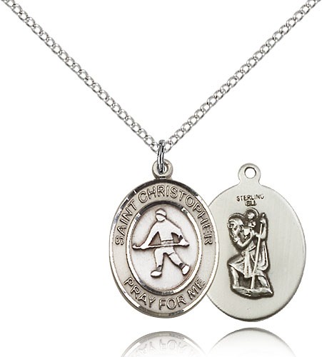 St. Christopher Field Hockey Medal, Sterling Silver, Medium - 18&quot; 1.2mm Sterling Silver Chain + Clasp