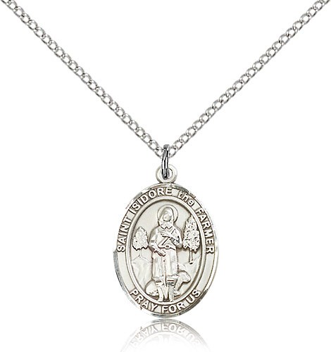 St. Isidore the Farmer Medal, Sterling Silver, Medium - 18&quot; 1.2mm Sterling Silver Chain + Clasp