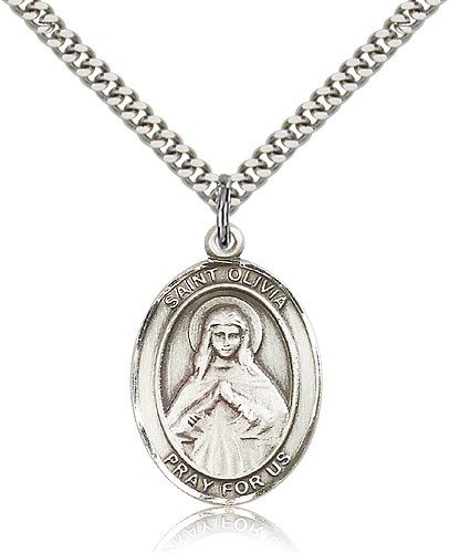 St. Olivia Medal, Sterling Silver, Large - 24&quot; 2.4mm Rhodium Plate Chain + Clasp