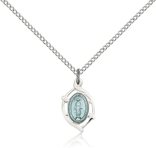 Miraculous Medal, Sterling Silver - 18&quot; 1.2mm Sterling Silver Chain + Clasp