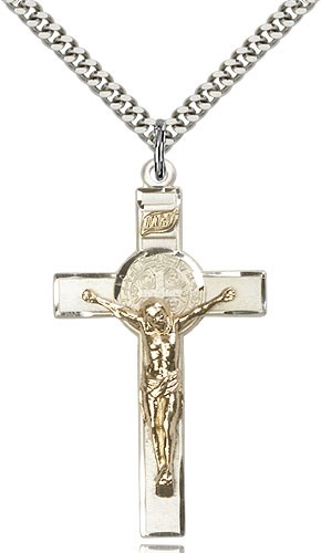 St. Benedict Crucifix Pendant, Two-Tone - 24&quot; 2.4mm Rhodium Plate Endless Chain