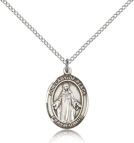 Our Lady of Peace Medal, Sterling Silver, Medium - 18&quot; 1.2mm Sterling Silver Chain + Clasp
