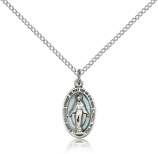 Miraculous Medal, Sterling Silver - 18&quot; 1.2mm Sterling Silver Chain + Clasp