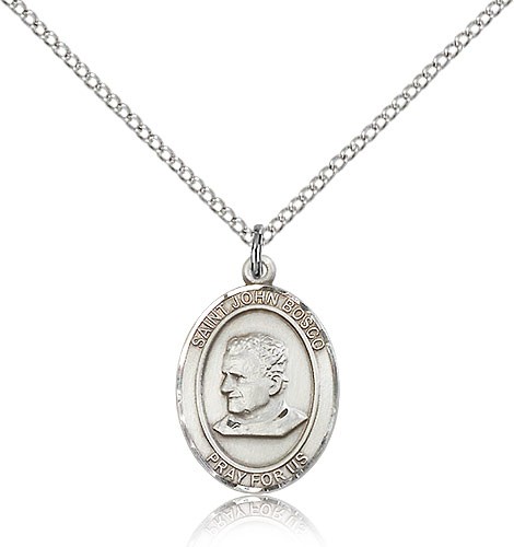 St. John Bosco Medal, Sterling Silver, Medium - 18&quot; 1.2mm Sterling Silver Chain + Clasp