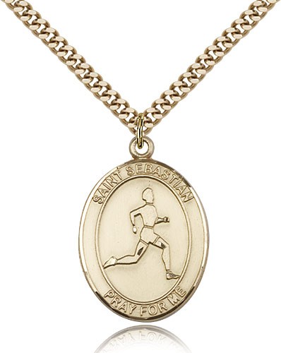 St. Sebastian Track and Field Medal, Gold Filled, Large - 24&quot; 2.4mm Gold Plated Chain + Clasp