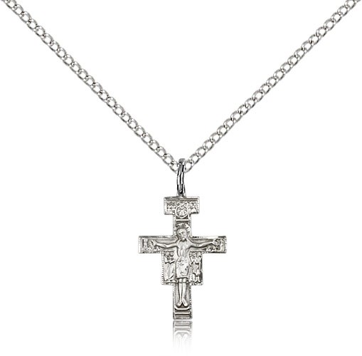 San Damiano Crucifix Pendant, Sterling Silver - 18&quot; 1.2mm Sterling Silver Chain + Clasp