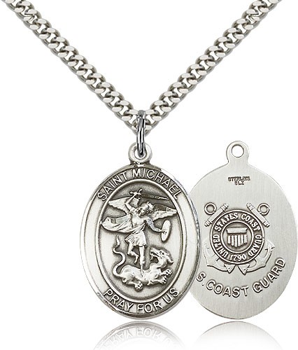 St. Michael Coast Guard Medal, Sterling Silver, Large - 24&quot; 2.4mm Rhodium Plate Chain + Clasp