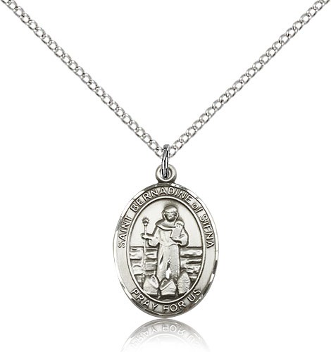 St. Bernadine of Sienna Medal, Sterling Silver, Medium - 18&quot; 1.2mm Sterling Silver Chain + Clasp