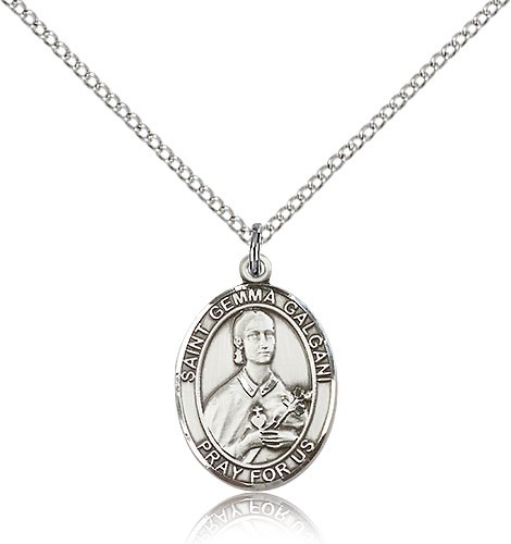 St. Gemma Galgani Medal, Sterling Silver, Medium - 18&quot; 1.2mm Sterling Silver Chain + Clasp