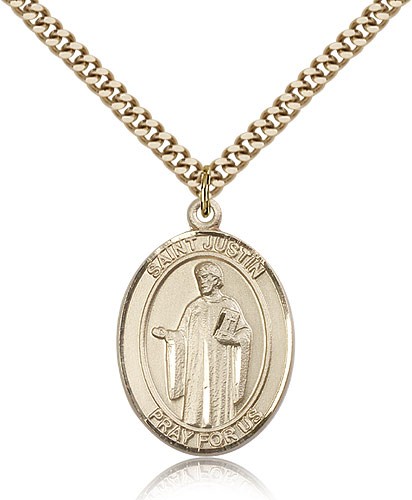 St. Justin Medal, Gold Filled, Large - 24&quot; 2.4mm Gold Plated Chain + Clasp