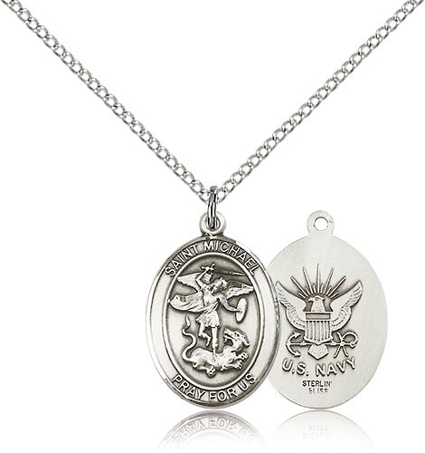 St. Michael Navy Medal, Sterling Silver, Medium - 18&quot; 1.2mm Sterling Silver Chain + Clasp