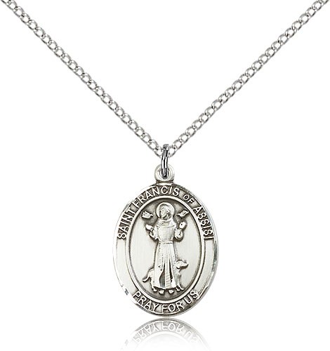 St. Francis of Assisi Medal, Sterling Silver, Medium - 18&quot; 1.2mm Sterling Silver Chain + Clasp