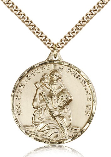 Large Men's 14kt Gold Filled St. Christopher Medal - 24&quot; 2.4mm Gold Plated Endless Chain