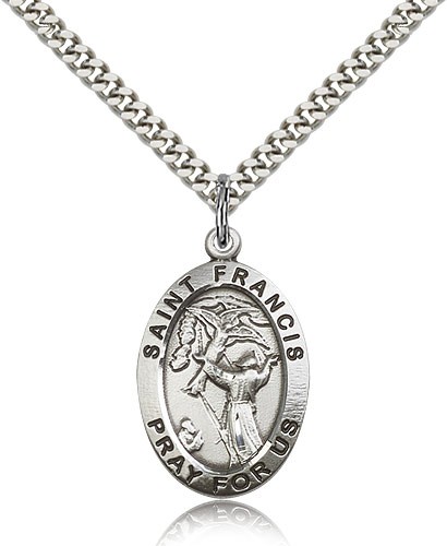 St. Francis of Assisi Medal, Sterling Silver - 24&quot; 2.4mm Rhodium Plate Endless Chain