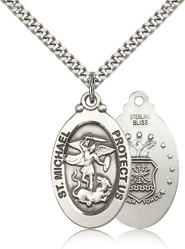 St. Michael Air Force Medal, Sterling Silver - 24&quot; 2.4mm Rhodium Plate Endless Chain