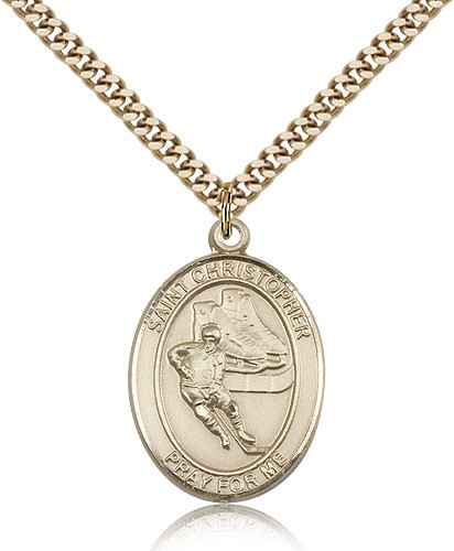 St. Christopher Hockey Medal, Gold Filled, Large - 24&quot; 2.4mm Gold Plated Chain + Clasp