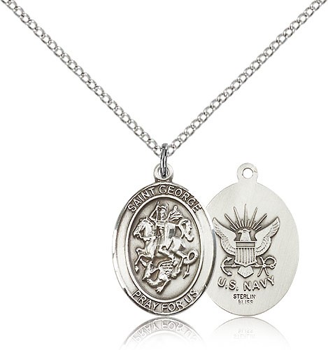 St. George Navy Medal, Sterling Silver, Large - 18&quot; 1.2mm Sterling Silver Chain + Clasp