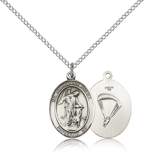 Guardian Angel Paratrooper Medal, Sterling Silver, Medium - 18&quot; 1.2mm Sterling Silver Chain + Clasp