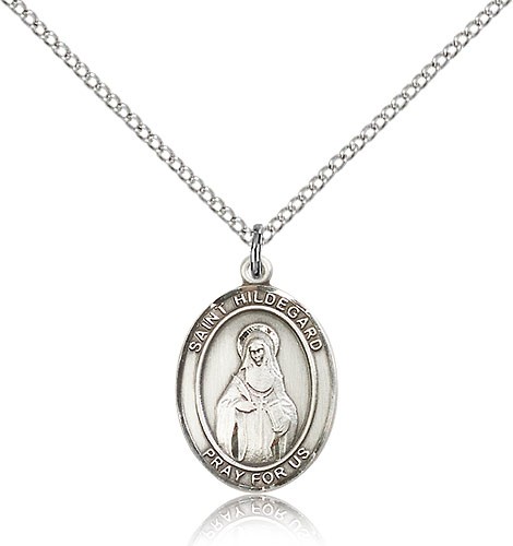 St. Hildegard Von Bingen Medal, Sterling Silver, Medium - 18&quot; 1.2mm Sterling Silver Chain + Clasp