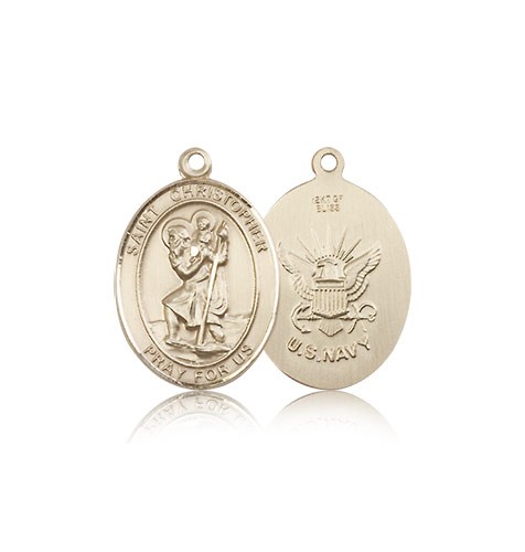 St. Christopher Navy Medal, 14 Karat Gold, Medium - 14 KT Yellow Gold