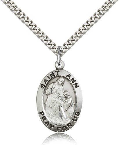 St. Ann Medal, Sterling Silver - 24&quot; 2.4mm Rhodium Plate Endless Chain