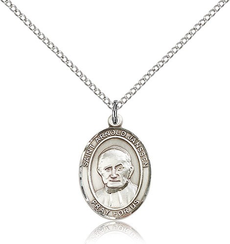 St. Arnold Janssen Medal, Sterling Silver, Medium - 18&quot; 1.2mm Sterling Silver Chain + Clasp