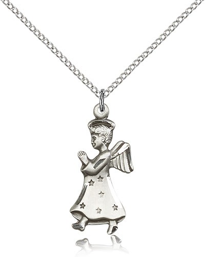 Angel Medal, Sterling Silver - 18&quot; 1.2mm Sterling Silver Chain + Clasp