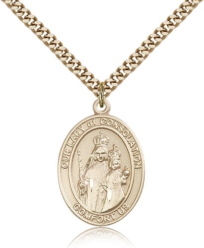 Our Lady of Consolation Medal, Gold Filled, Large - 24&quot; 2.4mm Gold Plated Chain + Clasp