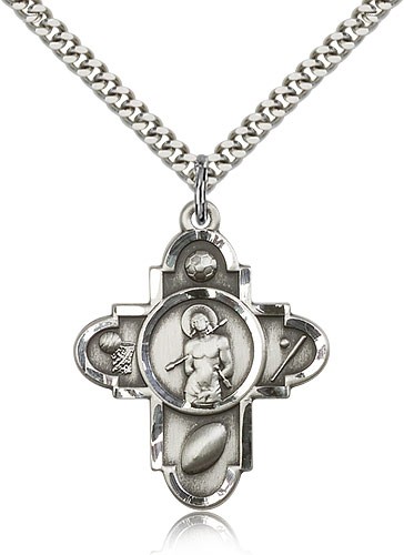 Sports 5 Way Cross St Sebastian Medal, Sterling Silver - 24&quot; 2.4mm Rhodium Plate Endless Chain