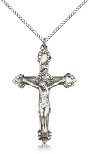 Crucifix Pendant, Sterling Silver - 18&quot; 1.2mm Sterling Silver Chain + Clasp