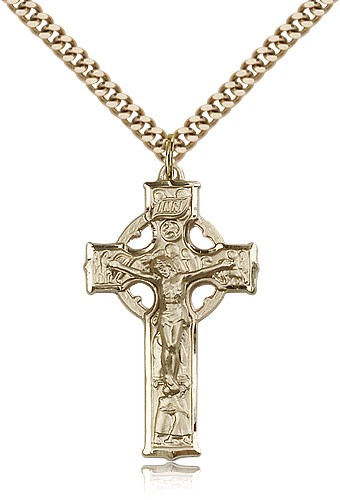 Celtic Crucifix Pendant, Gold Filled - 24&quot; 2.4mm Gold Plated Endless Chain