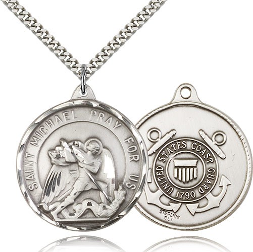 St. Joseph Coast Guard Medal, Sterling Silver - 24&quot; 2.4mm Rhodium Plate Endless Chain