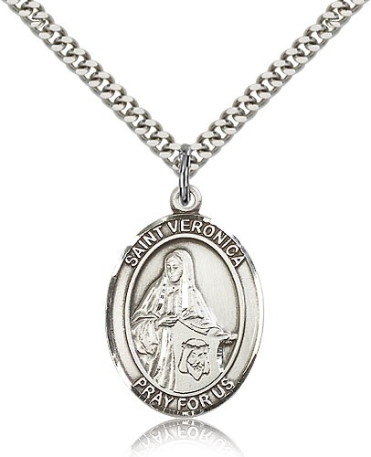 St. Veronica Medal, Sterling Silver, Large - 24&quot; 2.4mm Rhodium Plate Chain + Clasp