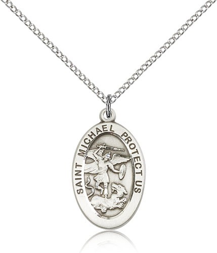 St. Michael the Archangel Medal, Sterling Silver - 18&quot; 1.2mm Sterling Silver Chain + Clasp