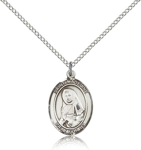 St. Madeline Sophie Barat Medal, Sterling Silver, Medium - 18&quot; 1.2mm Sterling Silver Chain + Clasp