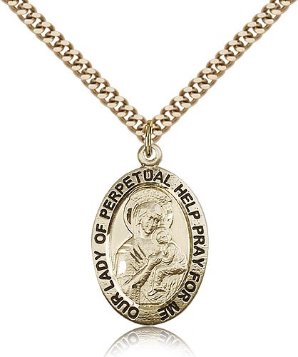 Our Lady of Perpetual Help Medal, Gold Filled - 24&quot; 2.4mm Gold Plated Endless Chain