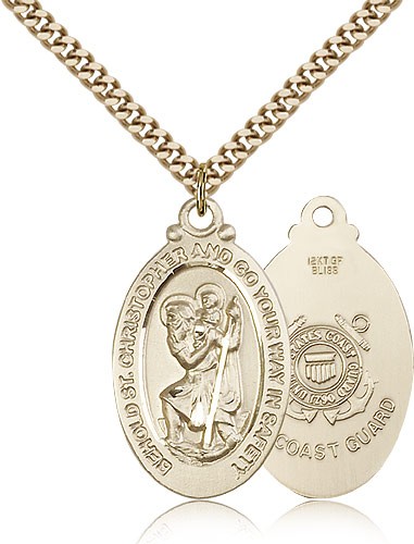 St. Christopher Coast Guard Medal, Gold Filled - 24&quot; 2.4mm Gold Plated Endless Chain