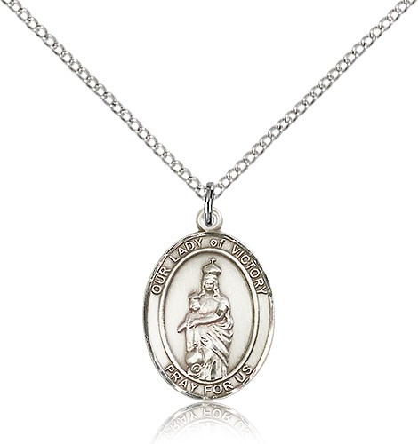 Our Lady of Victory Medal, Sterling Silver, Medium - 18&quot; 1.2mm Sterling Silver Chain + Clasp