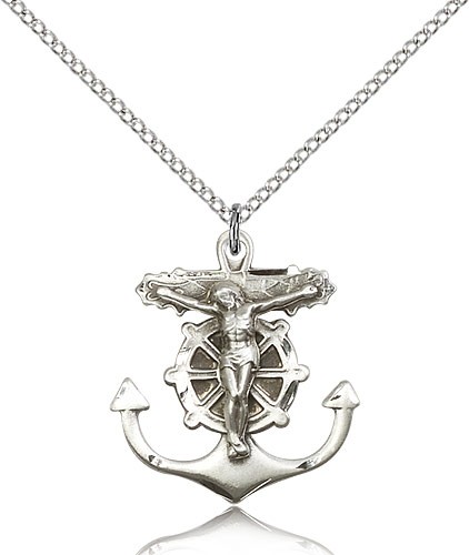 Anchor Crucifix Pendant, Sterling Silver - 18&quot; 1.2mm Sterling Silver Chain + Clasp