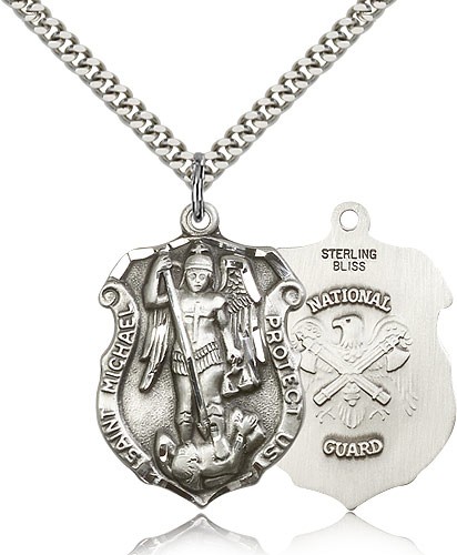 St. Michael National Guard Medal, Sterling Silver - 24&quot; 2.4mm Rhodium Plate Endless Chain