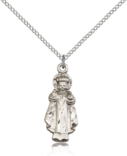 Infant of Prague Medal, Sterling Silver - 18&quot; 1.2mm Sterling Silver Chain + Clasp