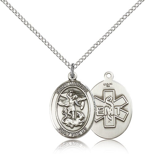 St. Michael EMT Medal, Sterling Silver, Medium - 18&quot; 1.2mm Sterling Silver Chain + Clasp