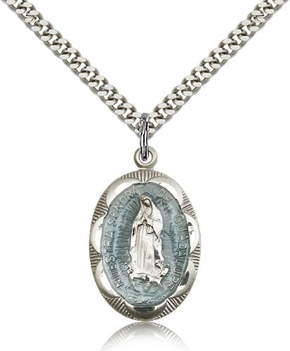 Our Lady of Guadalupe Medal, Sterling Silver - 24&quot; 2.4mm Rhodium Plate Endless Chain