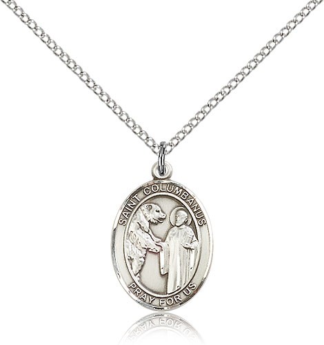 St. Columbanus Medal, Sterling Silver, Medium - 18&quot; 1.2mm Sterling Silver Chain + Clasp