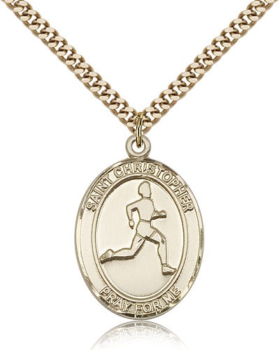 St. Christopher Track and Field Medal, Gold Filled, Large - 24&quot; 2.4mm Gold Plated Chain + Clasp