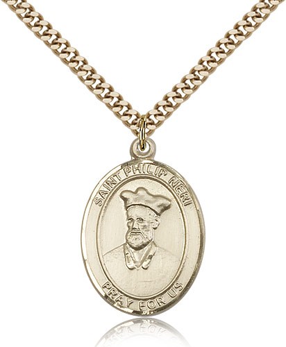 St. Philip Neri Medal, Gold Filled, Large - 24&quot; 2.4mm Gold Plated Chain + Clasp