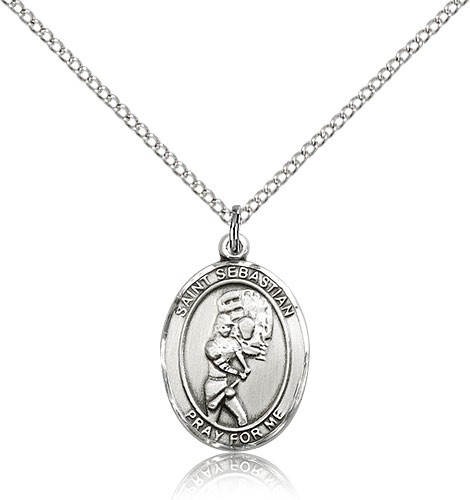 St. Sebastian Softball Medal, Sterling Silver, Medium - 18&quot; 1.2mm Sterling Silver Chain + Clasp